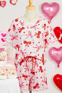 KaleaBoutique Stylish Romantic Bow Print Loose Tee Drawstring Shorts 2pcs Lounge Set - KaleaBoutique.com