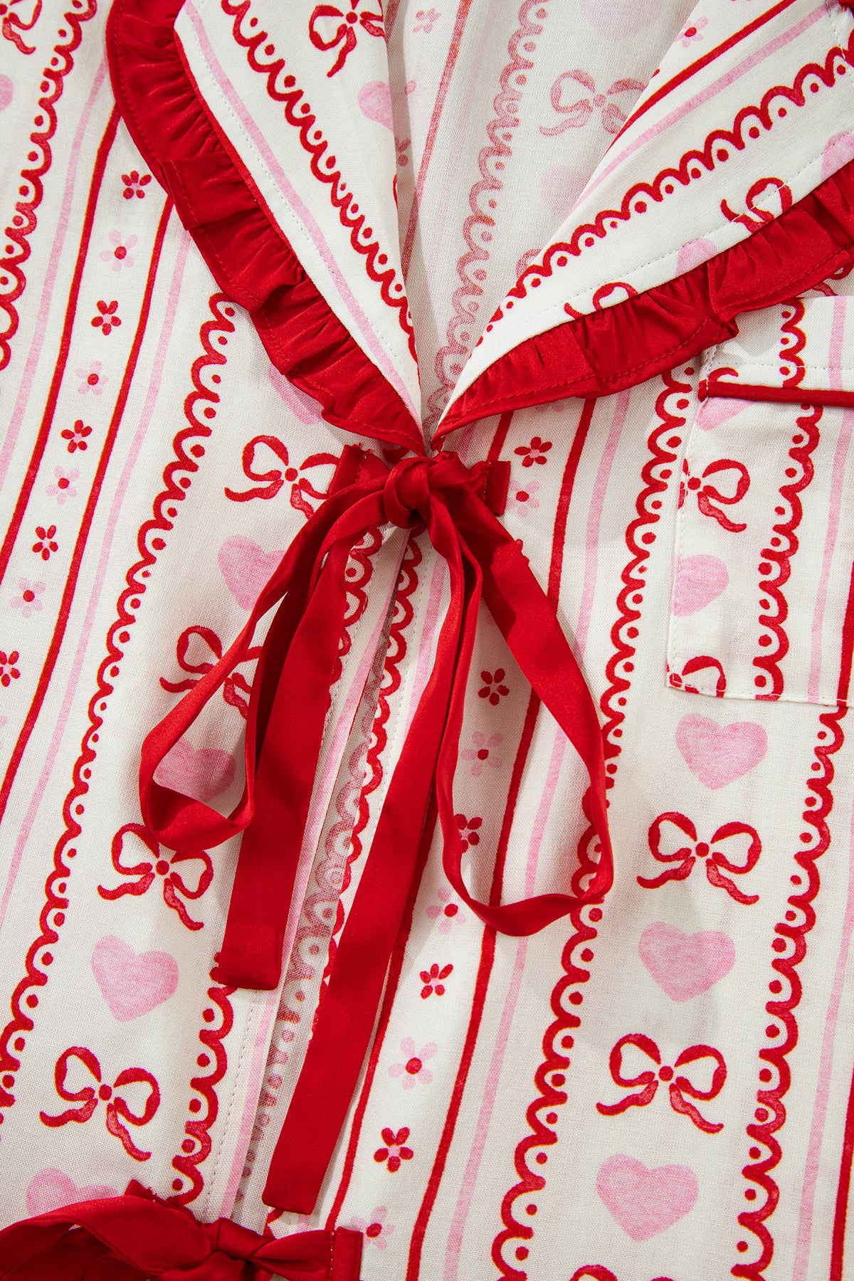 KaleaBoutique Stylish Sweet Floral Heart Bow Print Contrast Trim Long Sleeve Shirt Pajama Short Set - KaleaBoutique.com