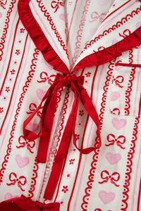 KaleaBoutique Stylish Sweet Floral Heart Bow Print Contrast Trim Long Sleeve Shirt Pajama Short Set - KaleaBoutique.com