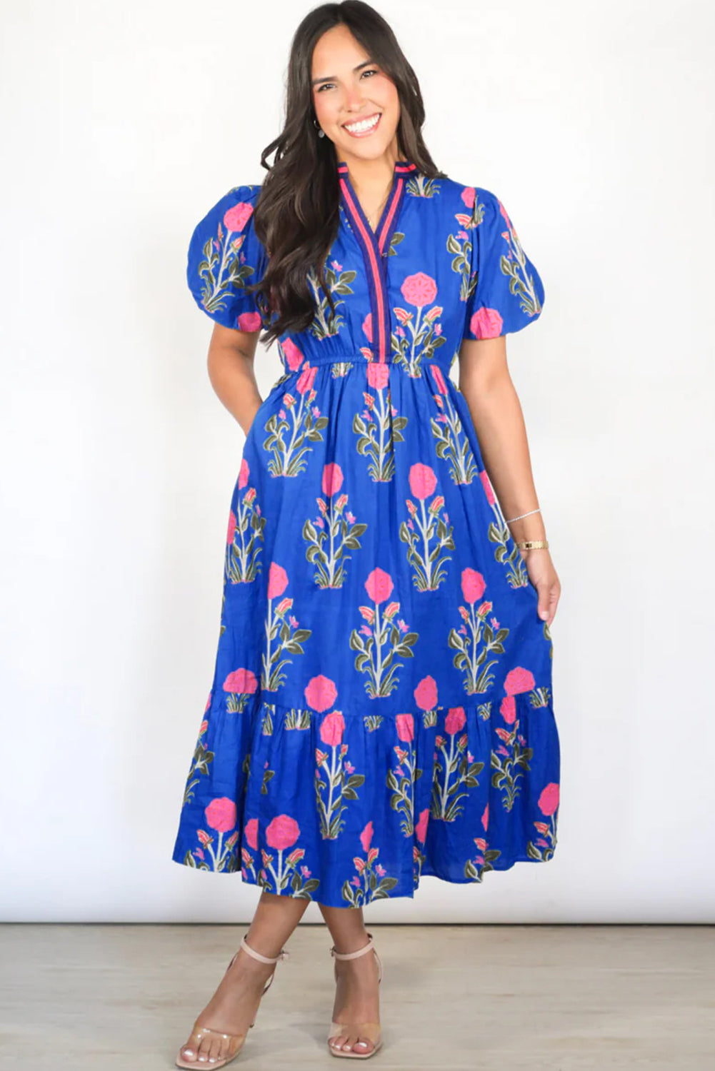 Floral Puff Short Sleeve V Neck High Waist Maxi Dress - KaleaBoutique.com