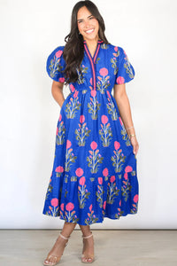 Floral Puff Short Sleeve V Neck High Waist Maxi Dress - KaleaBoutique.com