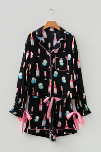 KaleaBoutique Stylish Christmas Wine Glass Print Bow Knot Two Piece Pajama Set - KaleaBoutique.com