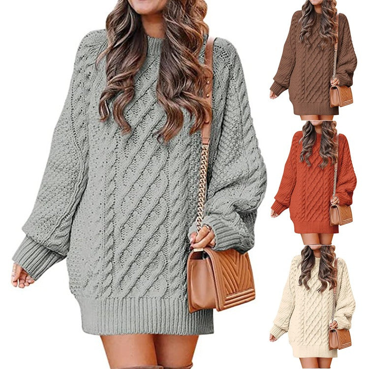 Women's Round-Neck Cable-Pattern Balloon-Sleeve Sweater Dress - KaleaBoutique.com