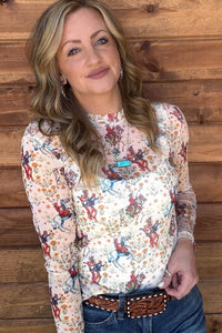 KaleaBoutique Stylish Western Cowboy Floral Print Sheer Mesh Long Sleeve Top - KaleaBoutique.com