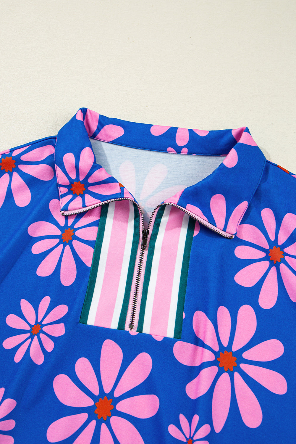 Floral Striped Quarter Zip Cap Sleeve Drawstring Waist Mini Dress - KaleaBoutique.com