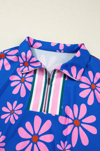 Floral Striped Quarter Zip Cap Sleeve Drawstring Waist Mini Dress - KaleaBoutique.com
