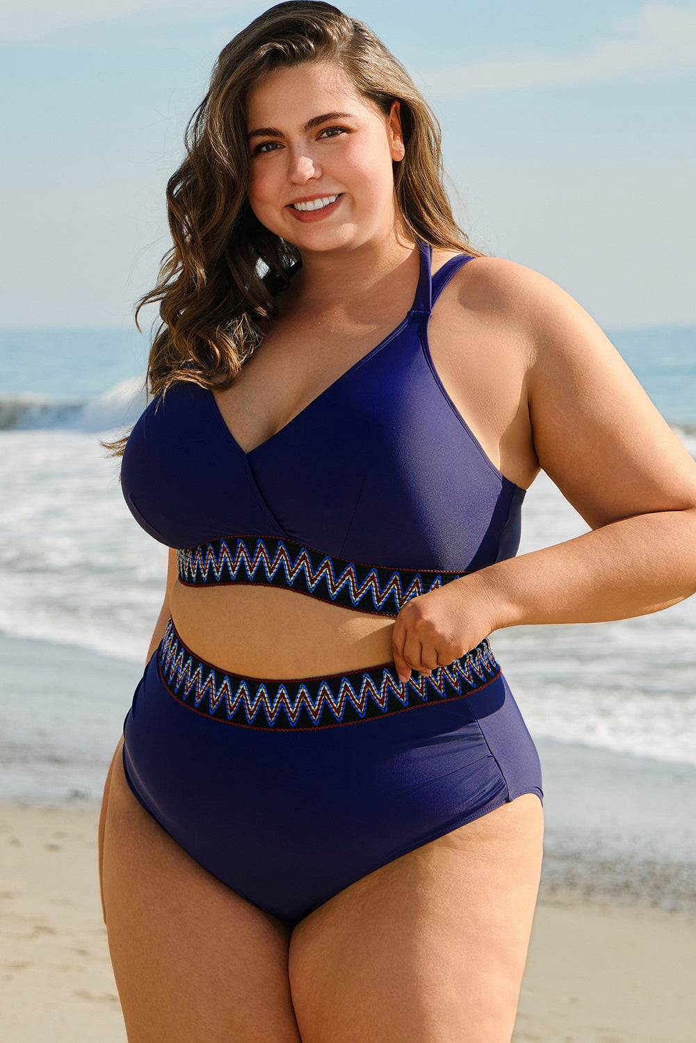 Embroidered Trim Wrap Tie Knot Plus Size High Waisted Bikini - KaleaBoutique.com