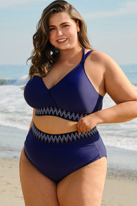 Embroidered Trim Wrap Tie Knot Plus Size High Waisted Bikini - KaleaBoutique.com