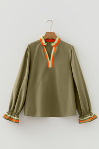 KaleaBoutique Beautiful Striped Trim Ruffle Split Neck Long Sleeve Blouse - KaleaBoutique.com