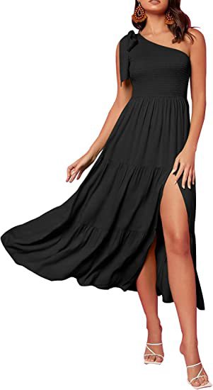 New Summer Fashion Women's One-shoulder Pleated Layered Hem Split Dress - KaleaBoutique.com
