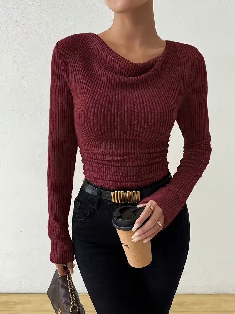 Women's Ribbed Cowl-Neck Long-Sleeve Pullover Sweater - KaleaBoutique.com