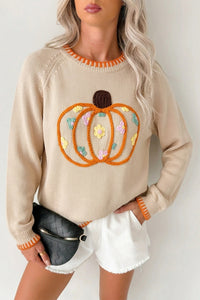 Floral Embroidery Pumpkin Long Sleeve Round Neck Sweater - KaleaBoutique.com