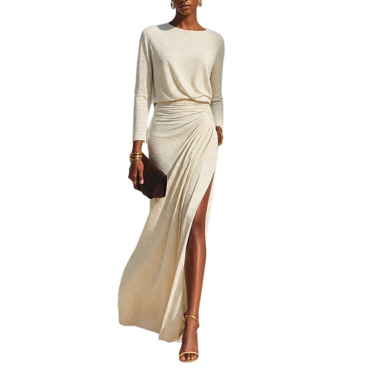 Women's Long-Sleeve Ruched Side-Slit Maxi Dress - KaleaBoutique.com