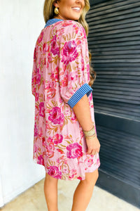 KaleaBoutique Stylish Floral Striped Patchwork Trim Half Sleeve Mini Dress - KaleaBoutique.com