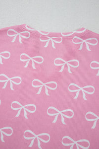 KaleaBoutique Stylish Waffle Knit Bowknot Printed V Neck T Shirt and Shorts Set - KaleaBoutique.com
