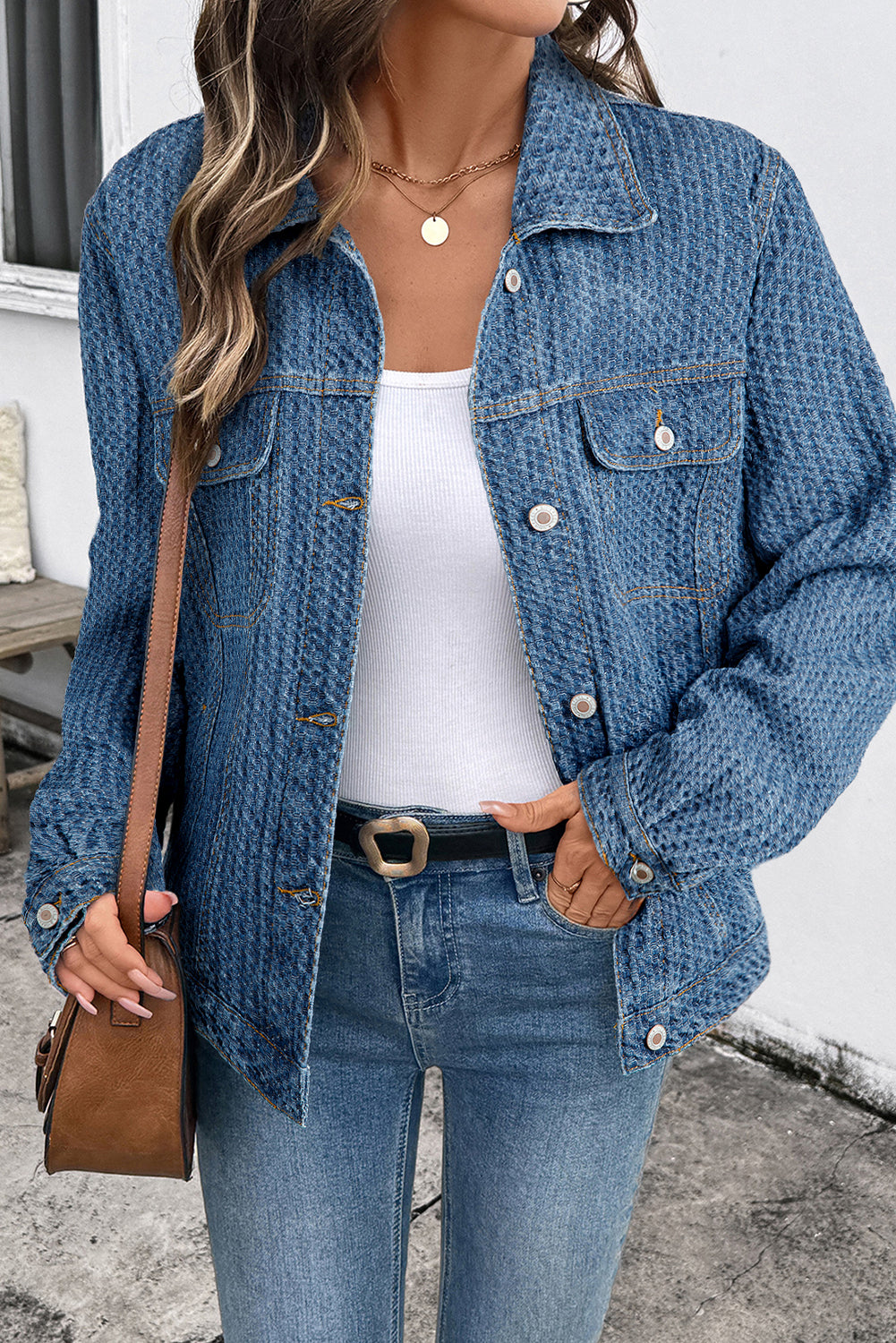 Double Flap Pocket Denim Textured Button Down Jacket - KaleaBoutique.com