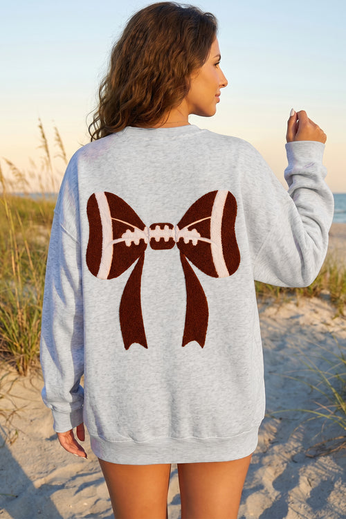 KaleaBoutique Comfortable Chenille Embroidered Rugby Bow Game Day Oversized Sweatshirt - KaleaBoutique.com