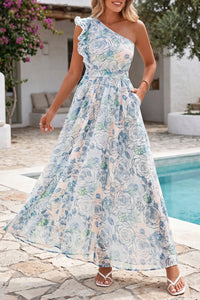 KaleaBoutique Stylish Floral Print Ruffled One Shoulder Vacation Maxi Dress - KaleaBoutique.com
