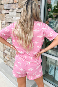 KaleaBoutique Stylish Waffle Knit Bowknot Printed V Neck T Shirt and Shorts Set - KaleaBoutique.com