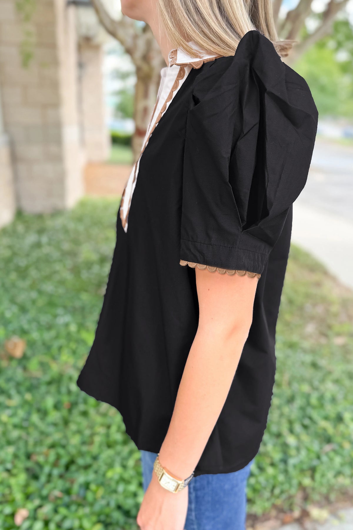 KaleaBoutique Stylish Ricrac Trim Color Block Patchwork Shirt Collar Short Sleeve Blouse - KaleaBoutique.com