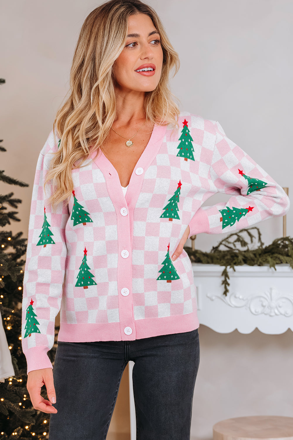 KaleaBoutique Comfortable Checkered Christmas Tree Pattern Button V Neck Cardigan Sweater - KaleaBoutique.com