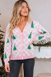 KaleaBoutique Comfortable Checkered Christmas Tree Pattern Button V Neck Cardigan Sweater - KaleaBoutique.com
