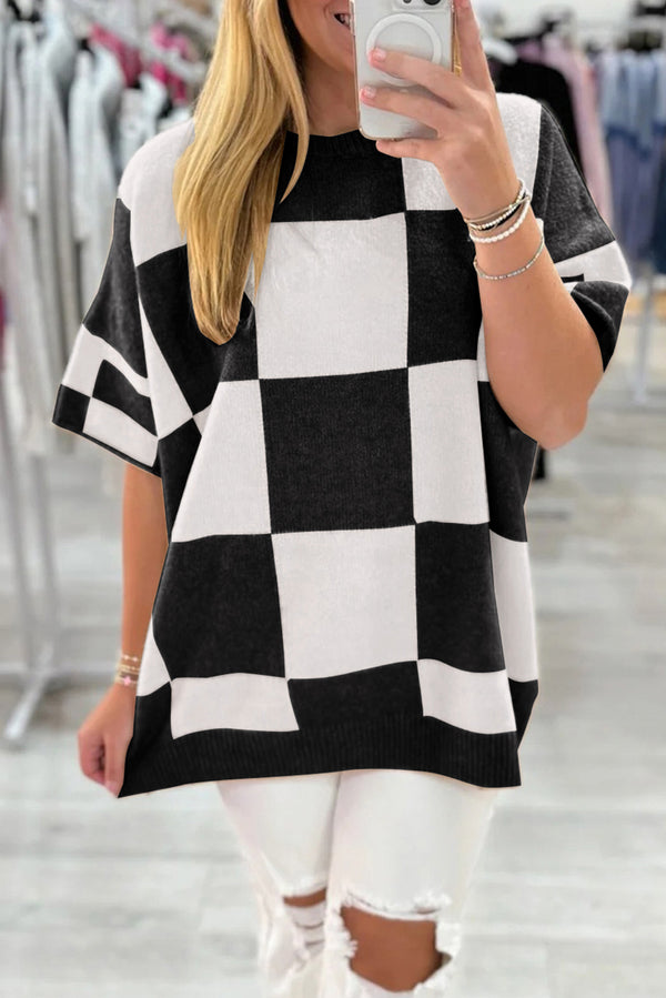 KaleaBoutique Stylish Checkered Pattern Loose Drop Shoulder Half Sleeve Sweater - KaleaBoutique.com
