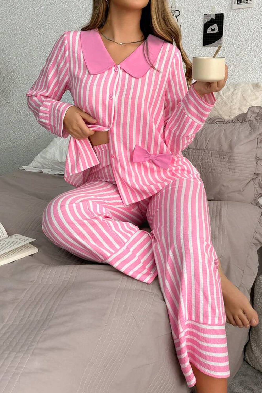 KaleaBoutique Comfortable Buttoned Front Long Sleeve Top and Pants 2 Piece Sleepwear - KaleaBoutique.com