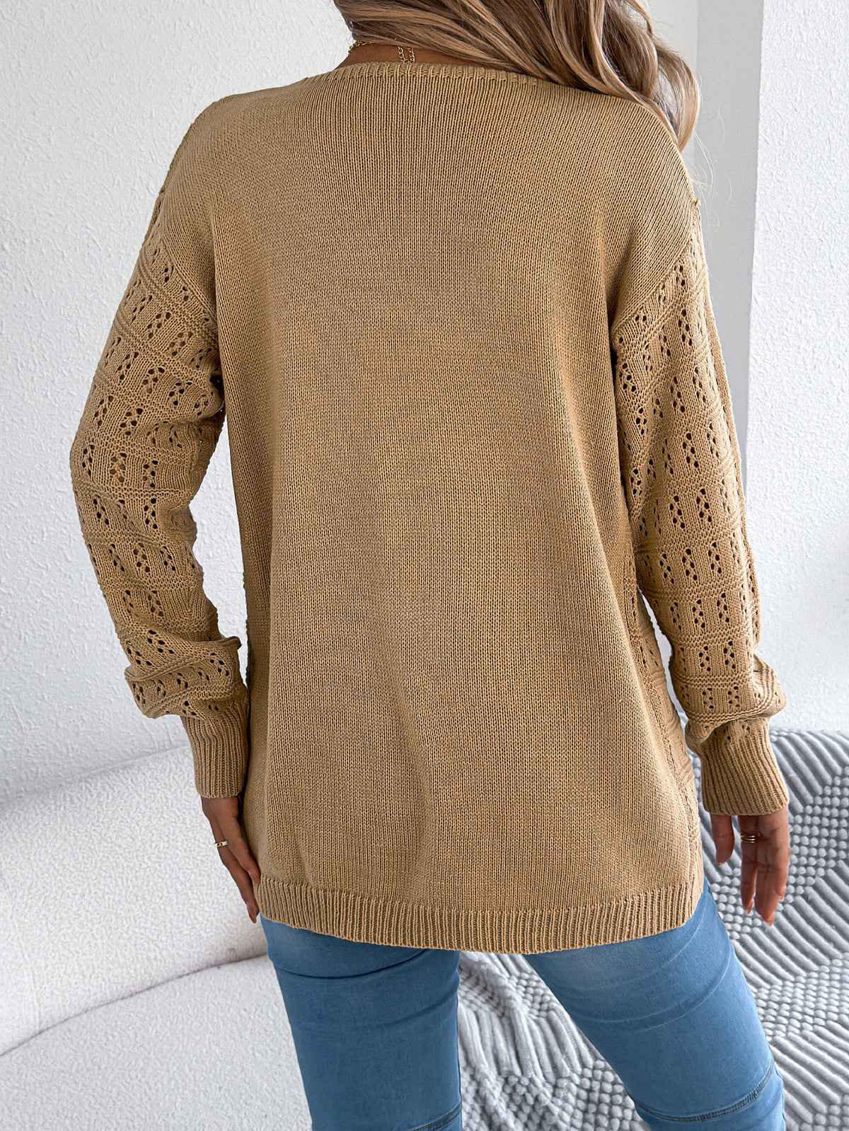 Women's Openwork Open-Front Longline Balloon-Sleeve Cardigan - KaleaBoutique.com