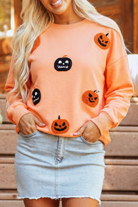 KaleaBoutique Stylish Orange Embroidered Pumpkin Face Drop Shoulder Sweatshirt - KaleaBoutique.com