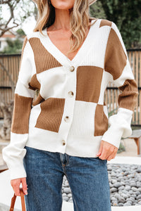 KaleaBoutique Stylish Checkered Pattern Ribbed Detail Button V Neck Sweater Cardigan - KaleaBoutique.com