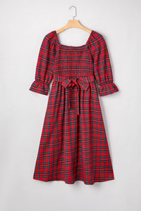 KaleaBoutique Stylish Plaid Square Neck Puff Sleeve Knot Waist Flared Midi Dress - KaleaBoutique.com