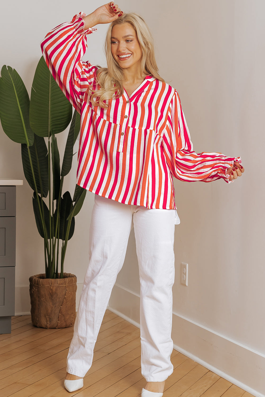 KaleaBoutique Stylish Balloon Sleeve Notched V Neck Buttoned Front Blouse - KaleaBoutique.com