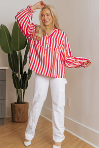 KaleaBoutique Stylish Balloon Sleeve Notched V Neck Buttoned Front Blouse - KaleaBoutique.com