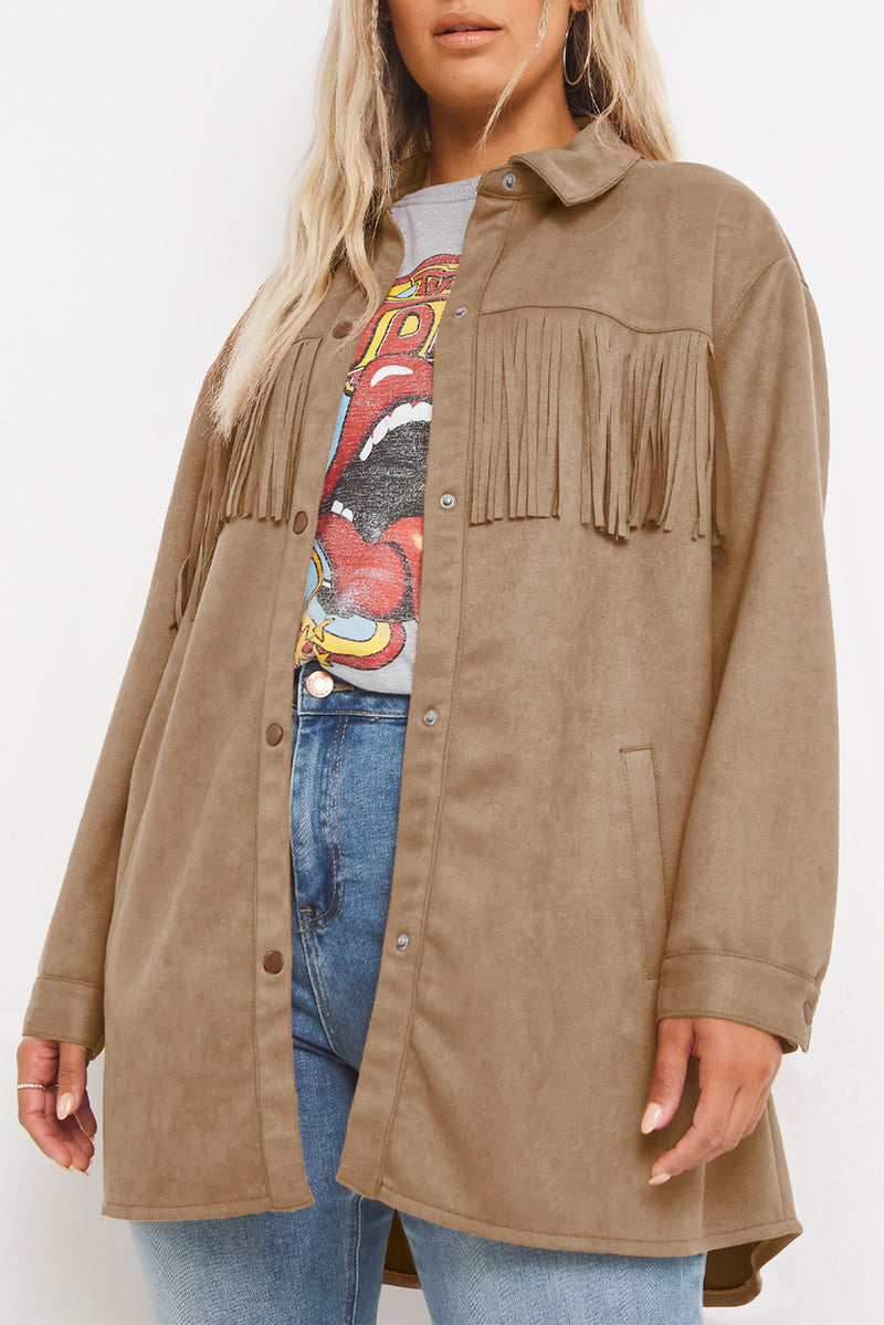 KaleaBoutique Fringe Trim Plus Size Suede Shacket - KaleaBoutique.com