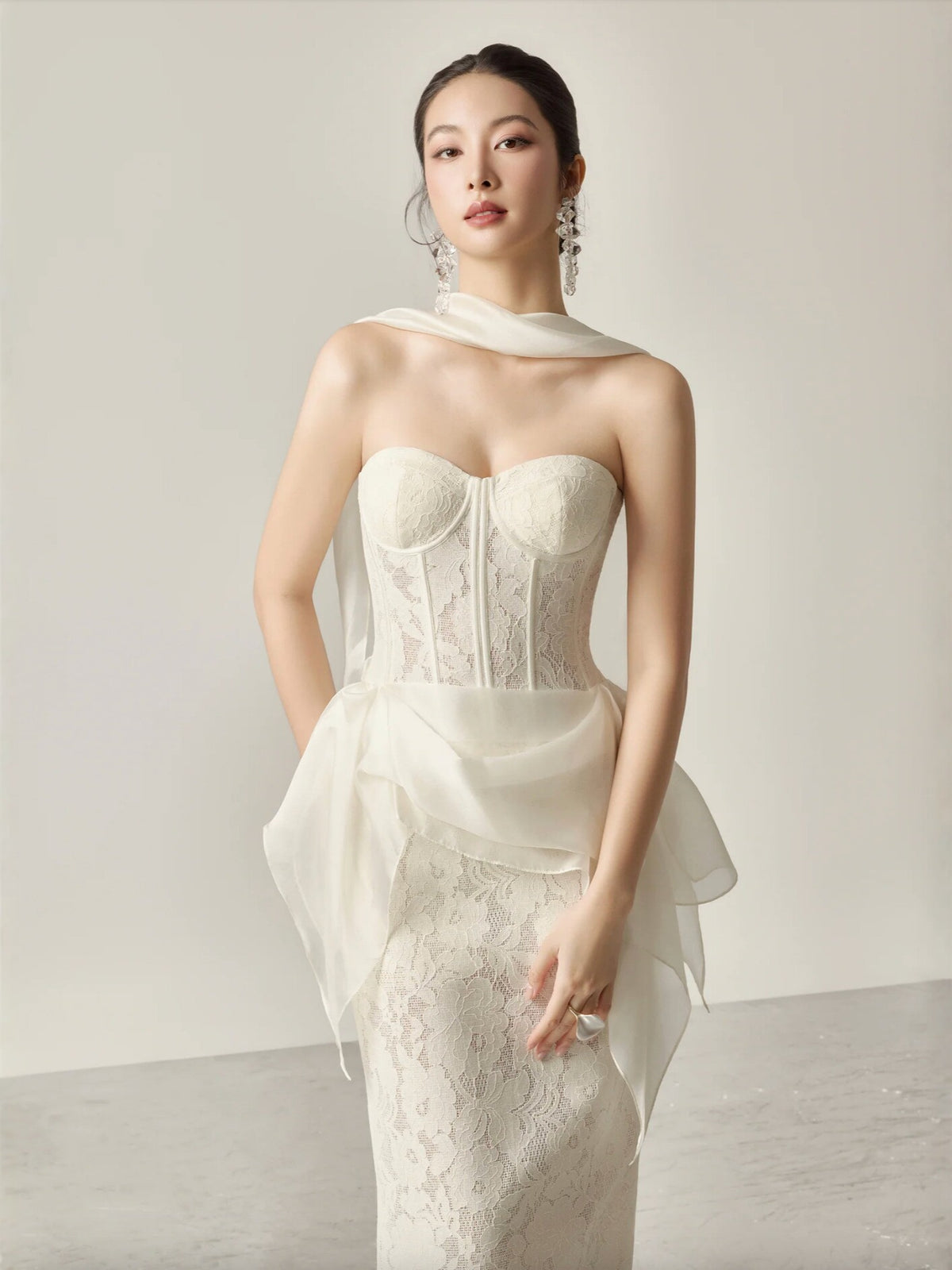 Strapless Corset Lace Midi Dress With Detachable Ruffled Overlay - KaleaBoutique.com