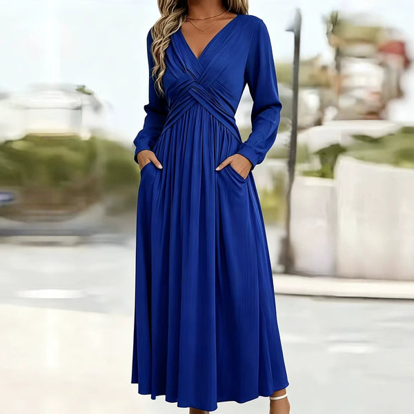KaleaBoutique V-Neck Long Sleeve A-Line Maxi Dress - KaleaBoutique.com