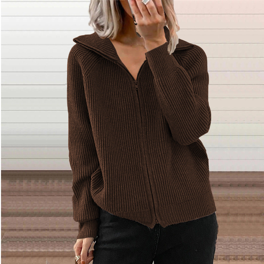 Women's Ribbed Full-Zip Collared Cardigan - KaleaBoutique.com