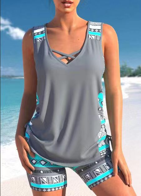 Women's Crisscross V-Neck Swim Top and Shorts 2 PC Tankini Set - KaleaBoutique.com