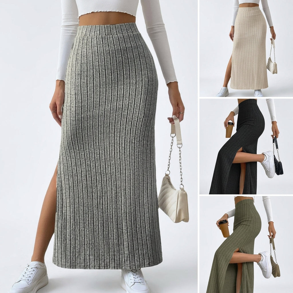 Spring Long Skirt High Waist Side Slit Slim Fit Knitted Women's Dress - KaleaBoutique.com