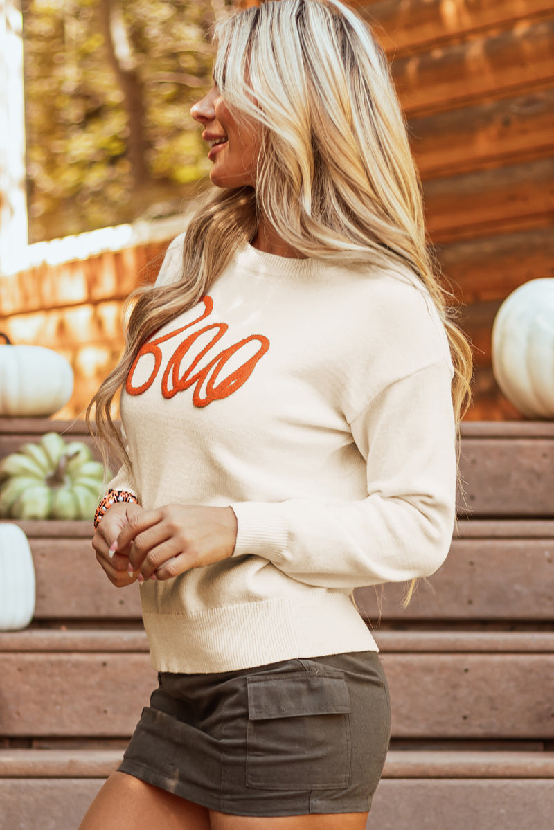 KaleaBoutique Boo Knitted Pattern Ribbed Edge Drop Shoulder Sweater - KaleaBoutique.com