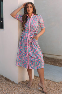 KaleaBoutique Stylish Floral Shirred Puff Sleeve Buttoned Front Midi Dress with Sash - KaleaBoutique.com