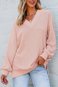 Thermal V Neck Relaxed Long Sleeve Knit Top - KaleaBoutique.com