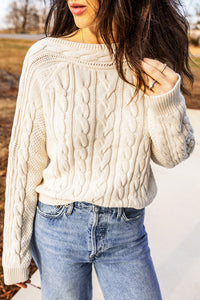 Drop Shoulder Round Neck Cable Knit Sweater - KaleaBoutique.com