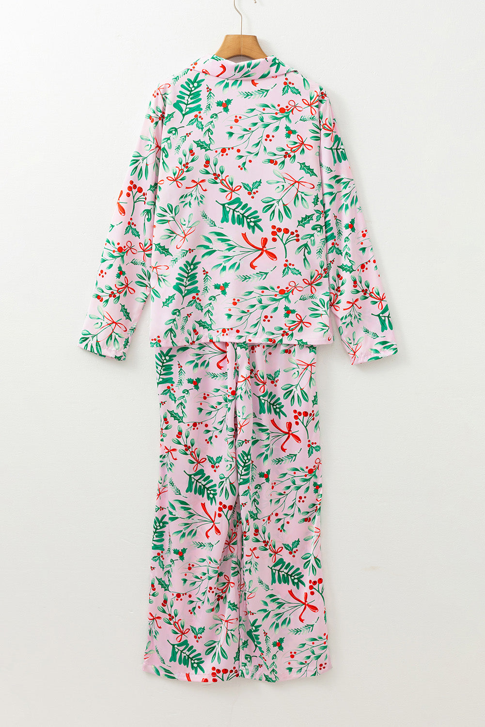 KaleaBoutique Stylish Christmas Berries Plant Print Satin Long Sleeve Pajama Set - KaleaBoutique.com