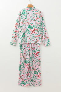 KaleaBoutique Stylish Christmas Berries Plant Print Satin Long Sleeve Pajama Set - KaleaBoutique.com