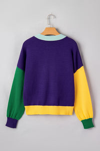 Colorblock Patchwork Fuzzy Mardi Gras Graphic Sweater - KaleaBoutique.com