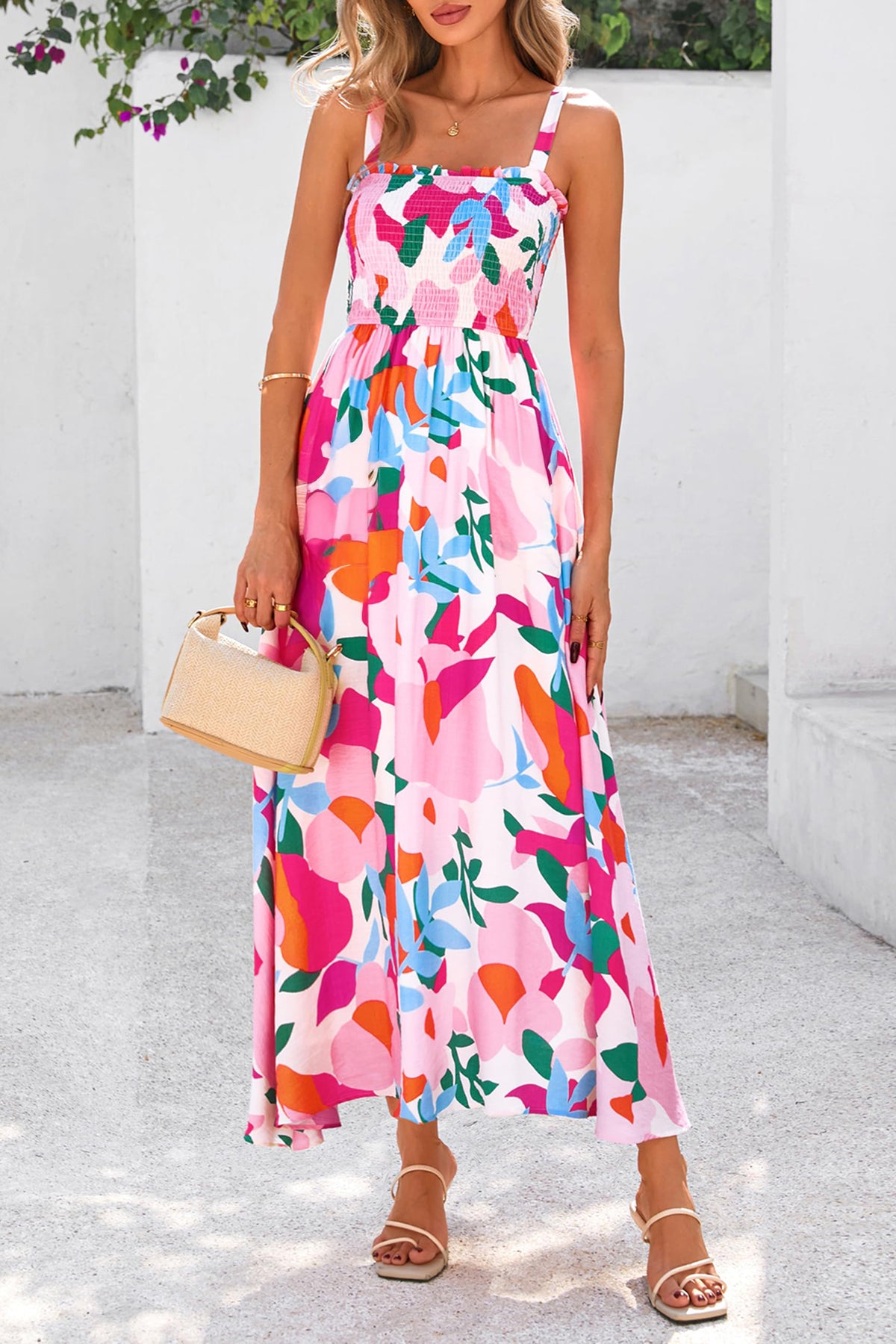 KaleaBoutique Comfortable Floral Print Adjustable Straps Smocked High Waist Sundress - KaleaBoutique.com
