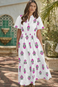 KaleaBoutique Stylish Floral Print Split Neck Shirred High Waist Ruffle Hem Maxi Dress - KaleaBoutique.com