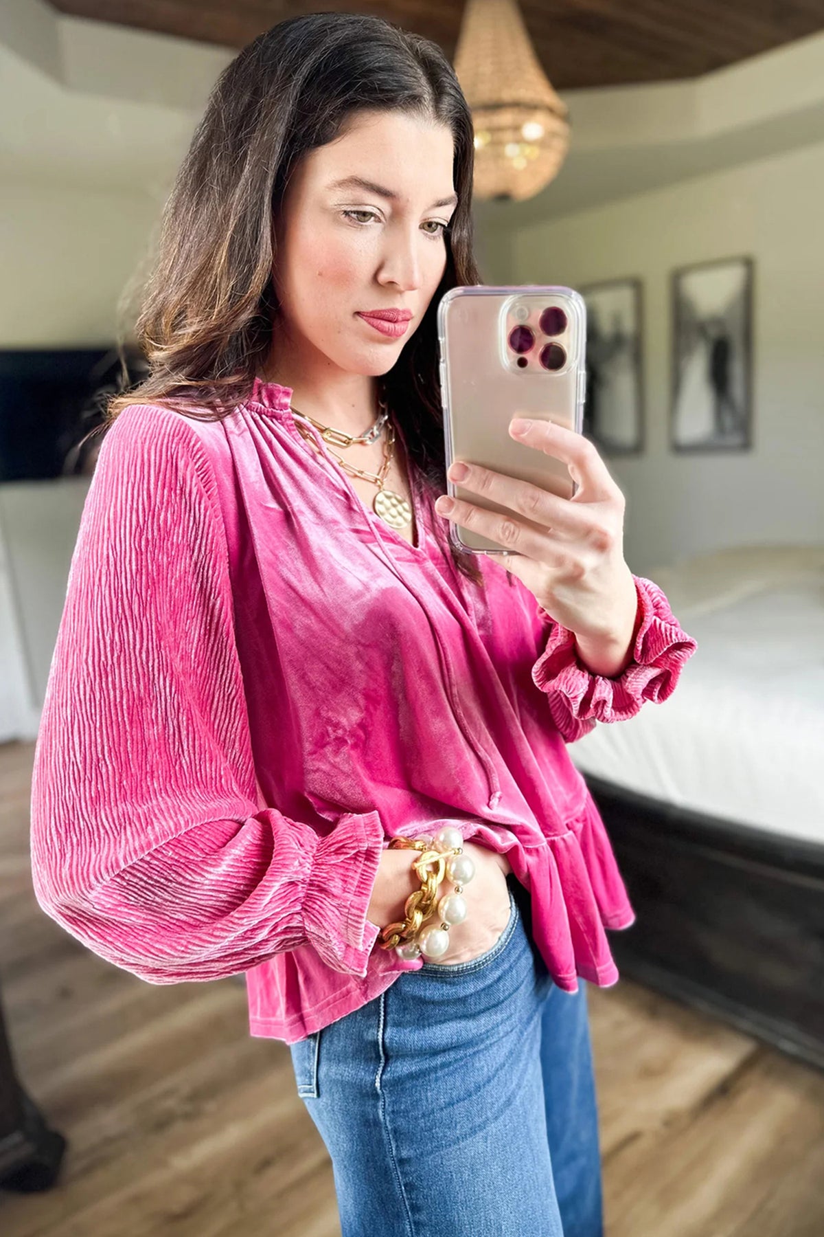KaleaBoutique Stylish V Neck Velvet Ruffled Cuffs Hem Long Sleeve Top - KaleaBoutique.com